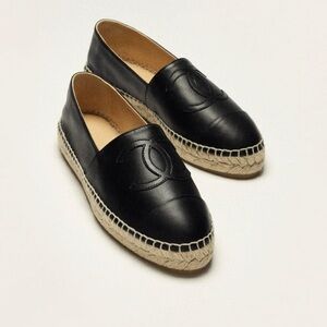 CHANEL Black Leather Espadrilles